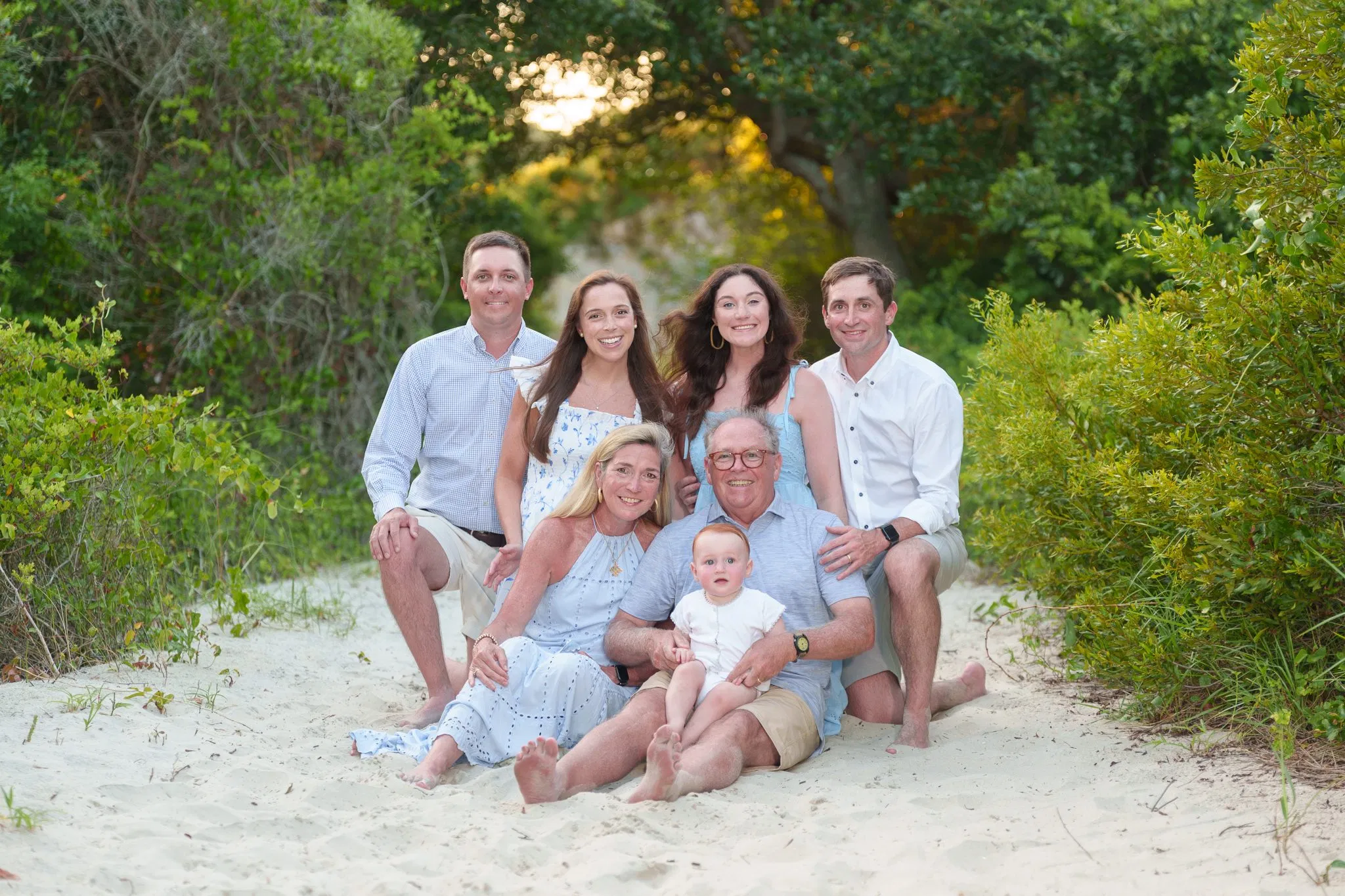 Family sitting on the beach path